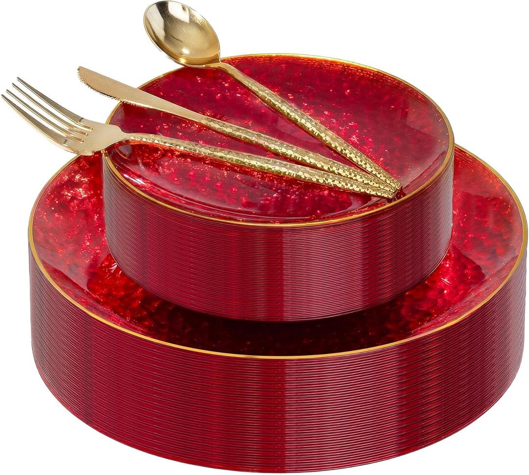 I00000 150Pcs Red Plastic Plates with Gold Rim,Fancy Plastic Plates,Red hammer patterned Disposable plates Set include 30 Dinner Plate,30 Dessert Plate,90 plastic Silverware Set for Valentine's Day