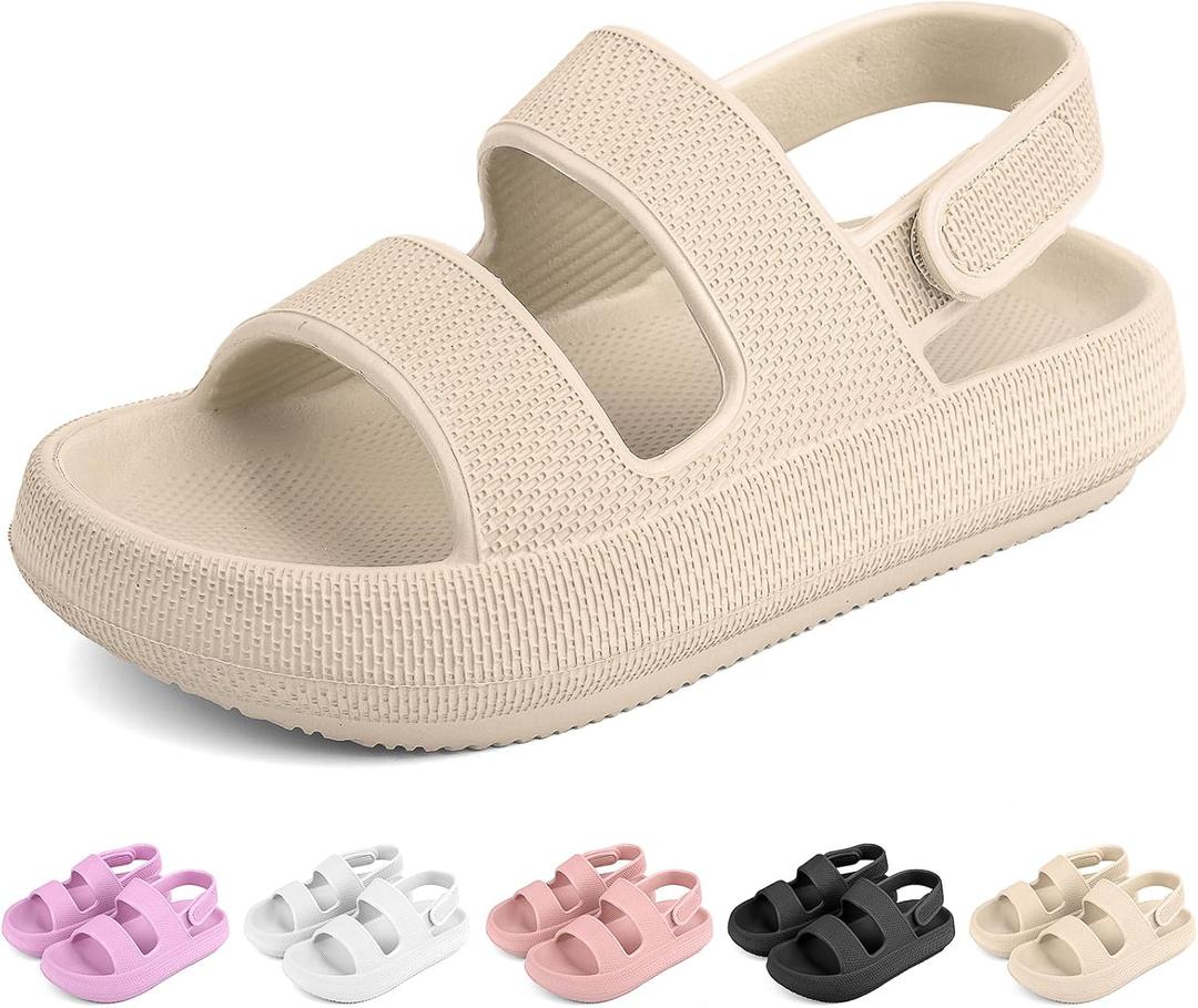 Kids Cloud Sandals Boys Girls Slip on Flat Slides Sandals EVA Summer Quick Drying Pillow Slipper With Hook Loop Back Strap (5 Big Kid, Beige)
