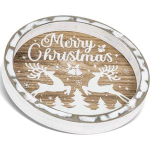 Putuo Decor Round Christmas Serving Tray Christmas Decorations for Home Rustic Decorative Wooden Tray Christmas Tray Serving Platters for Entertaining for Coffee Wine Table Serving (Brown and White)