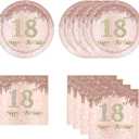 HiEnjoin 18th Rose Gold Birthday Plates and Napkins, 9 Inch Pink Rose Gold Disposable Dinner Dessert Plates Happy 18th Birthday Party Supplies Decorations for Girls Women
