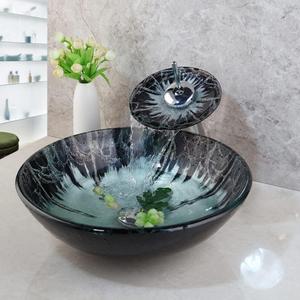 Green Glass Vessel Sink With Faucet And Pop-Up Drain Combo 17 Inch Round Tempered Glass Basin Bathroom Bowl Sinks Above Counter Sink Bowls For Small Vanities Top Mount Easy Installation