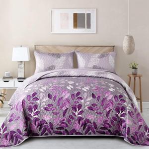 WONGS BEDDING Purple Floral Quilt Set King Size, 3 Pieces Botancal Leaves Bedspread Coverlet Set with 2 Pillowcases for All Season, Soft Microfiber Floral Bedding Set 104"90"