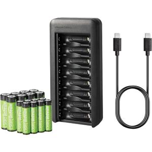 Amazon Basics Rechargeable Low Self Discharge NiMh Battery with 8-Bay Charger, 8 AAA 800mAh + 8 AA 2000mAh, USB C Port, No AC Power Adapter, Black