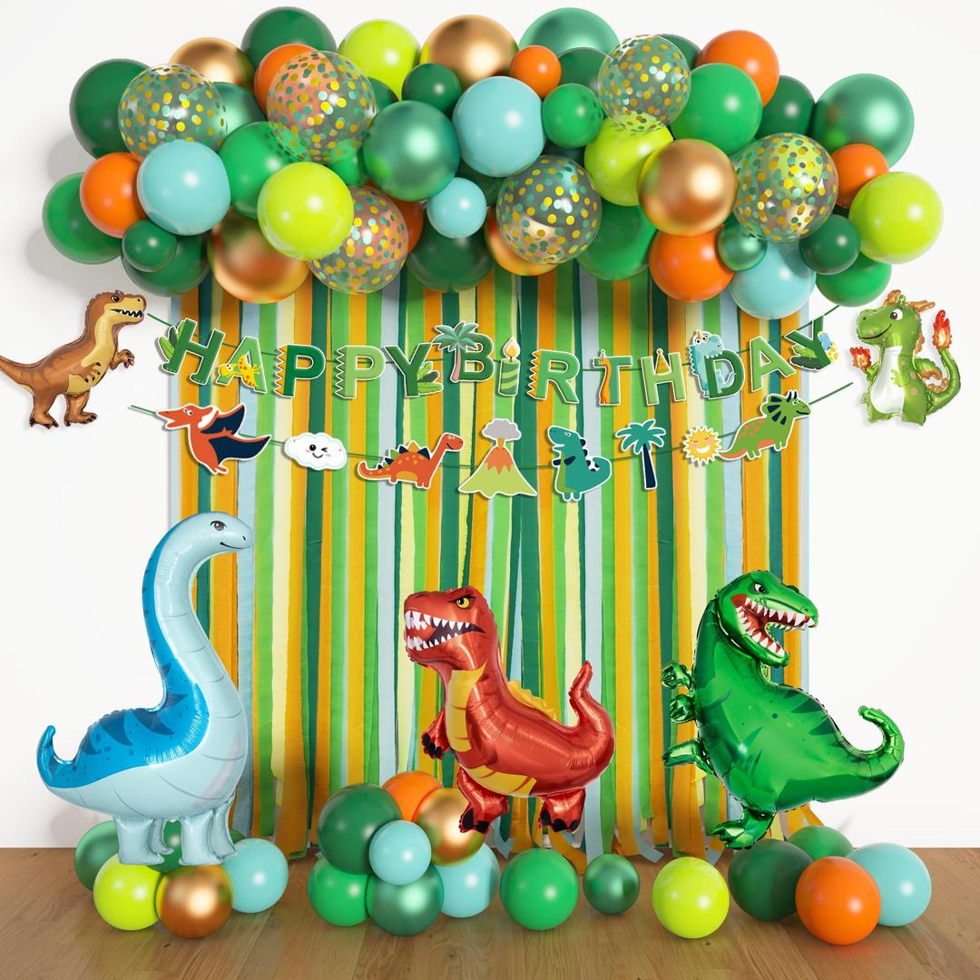 Dinosaur Birthday Party Decorations Supplies Happy Birthday Banner Crepe Paper Green Orange Blue Gold Dino Foil Balloons Garland Arch Kit for Jungle Safari Dinosaur Themed Baby Shower Party Boys Kids