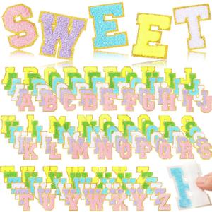 Yilloog 156 Pcs Glitter Self Adhesive Letters Chenille Clothing Patches Embroidered Repair Fuzzy Patches Alphabet Gold Trimmed Preppy Clothing Badges Sewing Appliques(Colorful Style)