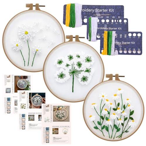 Ovveroche 3 Sets Embroidery Kit for Beginners, Flower Cross Stitch Kits for Adults, Starter, Hand Craft Lover Practice with Floral Stamped Pattern White