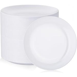 Nervure 100Pcs White Plastic Plates - 10.25inch Disposable White Dinner Plates - Heavy Duty Plastic Plate Ideal for Wedding & Party