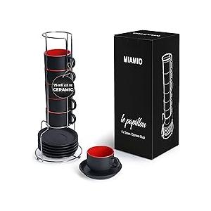 MIAMIO - 2.5 oz Espresso Cup Set with Saucers Coffee Mug Set of 6 - Ceramic Coffee Mug Stackable Espresso Mug with Stand for Coffee Drinks, Latte, Cafe Mocha - Le Papillon Collection (Red)