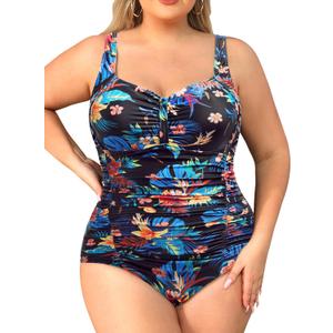 Daci Women Plus Size One Piece Swimsuits - Tummy Control Retro Ruched Bathing Suits Vintage Swimwear (X-Large, Floral)