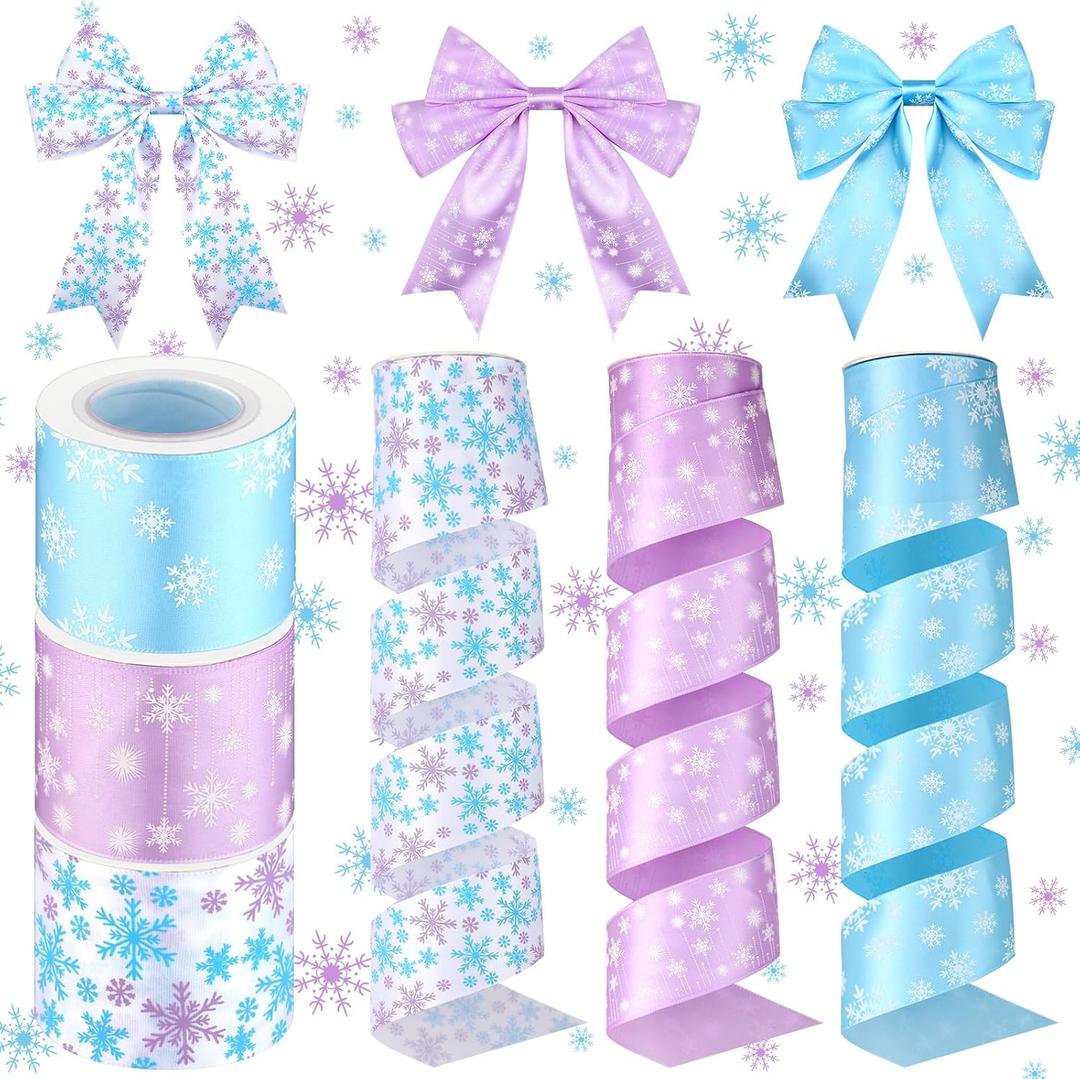 3 Rolls 10 Yards Snowflake Ribbon White Blue and Purple Ribbon with Glitter Xmas Snowflake Decor for Tree Topper Winter DIY Crafts Gift Wrapping Bow Making Accessories (5 cm)