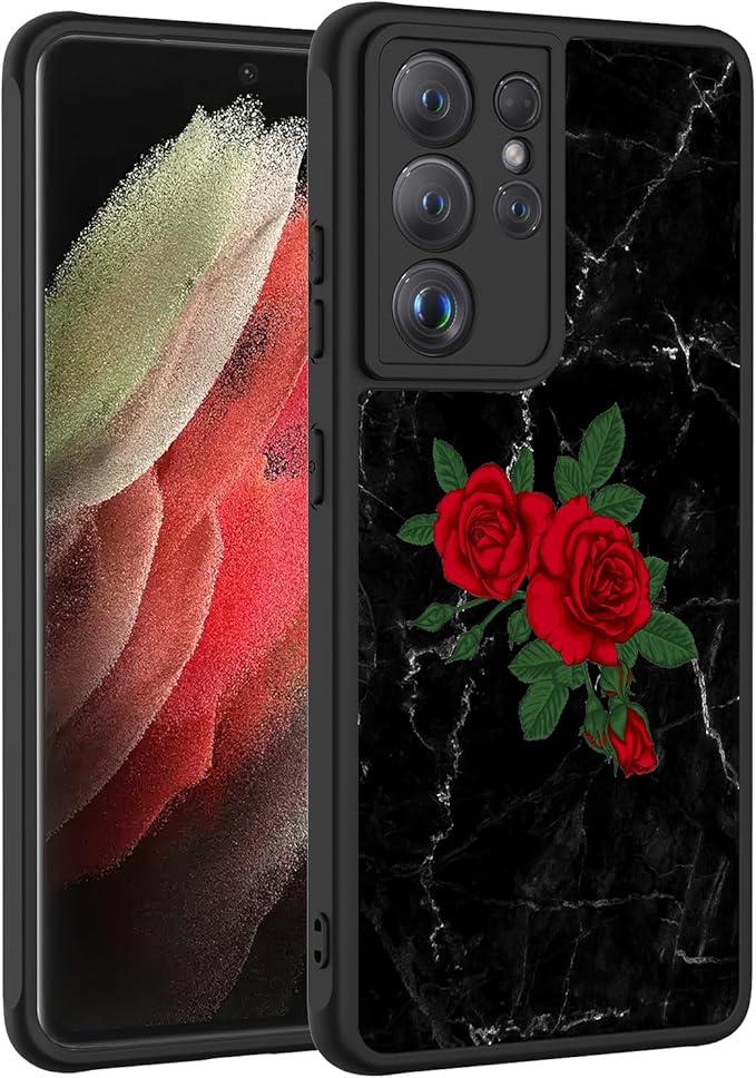 LUMARKE for Galaxy S23 Ultra Case with Enhanced Camera Lens Protection, Translucent Matte Acrylic Phone Cover - Cute Aesthetic Floral Design for Women Girls - Marble and Roses