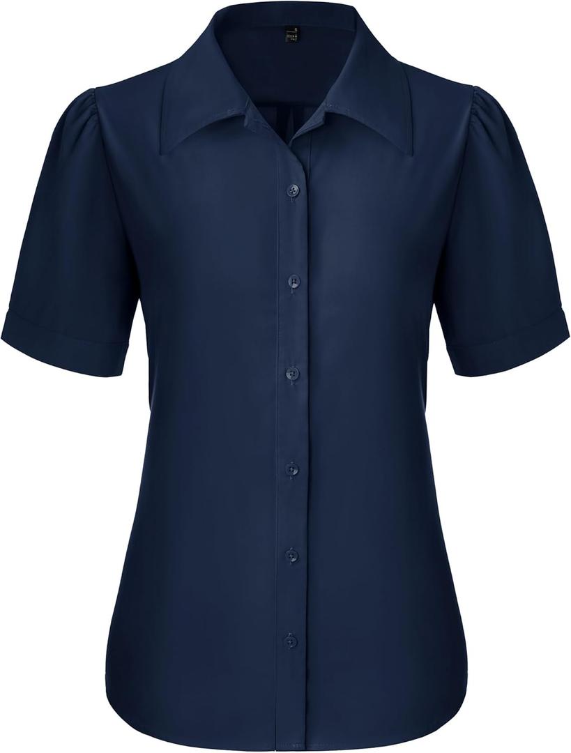 Button Down Shirts for Women Puff Short Sleeve Button Up Dress Shirts Collared Fitted Blouse Work Business Top (Medium, Navy Blue)