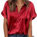 Zeagoo Womens Satin Blouse Short Sleeve Silk Tops Button Down Shirts Business Casual Outfits (Red, XXL)