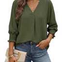 Cuffbow Women Blouses Dressy Casual V Neck 3/4 Length Sleeve Tops Business Work Blouses Office Tunic Shirt with Smocked Cuffs(Green,Small) (Green, S)