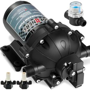 Upgraded Fresh Water Pump, 12V DC - 6.5GPM 70PSI Five Chamber Self-Priming Diaphragm Pump with Heavy Duty Pressure Switch and Strainer for RV, Marine, Yacht, Caravan