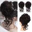 HOOJIH 2PCS Messy Bun Hair Piece, Tousled Updo with Tendrils Hair Bun Extensions Wavy Curly Hair Wrap Ponytail Hairpieces Hair Scrunchies for Women HB010 Dasiy - Dark Brown