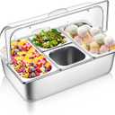4 Pans Countertop Ice Food Serving Display Container and Clear Roll Top Cover Stainless Steel Condiment Dispenser Serving Tray Salad Bar Buffet Station for Restaurant Hotel Kitchen Party, 22.1" x 14.6" x 8.7"