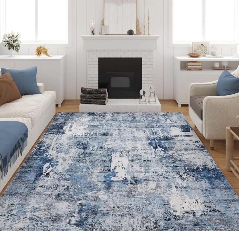 Rugcomf 8x10 Rug Washable Boho Rug Soft Large Area Rug Non-Slip Non-Shedding Faux Wool Vintage Rug for Living Room, Farmhouse, Dining Room, Indoor, Kids Playroom, Blue