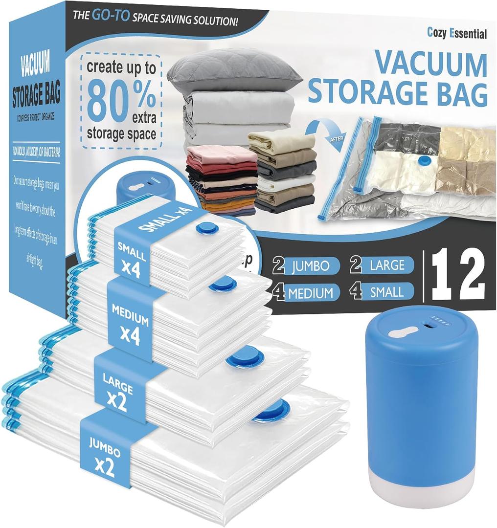 Cozy Essential Travel Vacuum Storage Bags with Rechargeable Wireless Electric Pump for Luggage, Suitcase, Carry-on Size Vacuum Seal Compression Space Saver Bags for Clothes and Clothing, 12 Combo