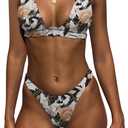 Bathing Suits for Women Deep V Neck Sexy Two Piece Bikini Sets for Women Thong Halter Cheeky Swimsuit (Large, Flower 3)