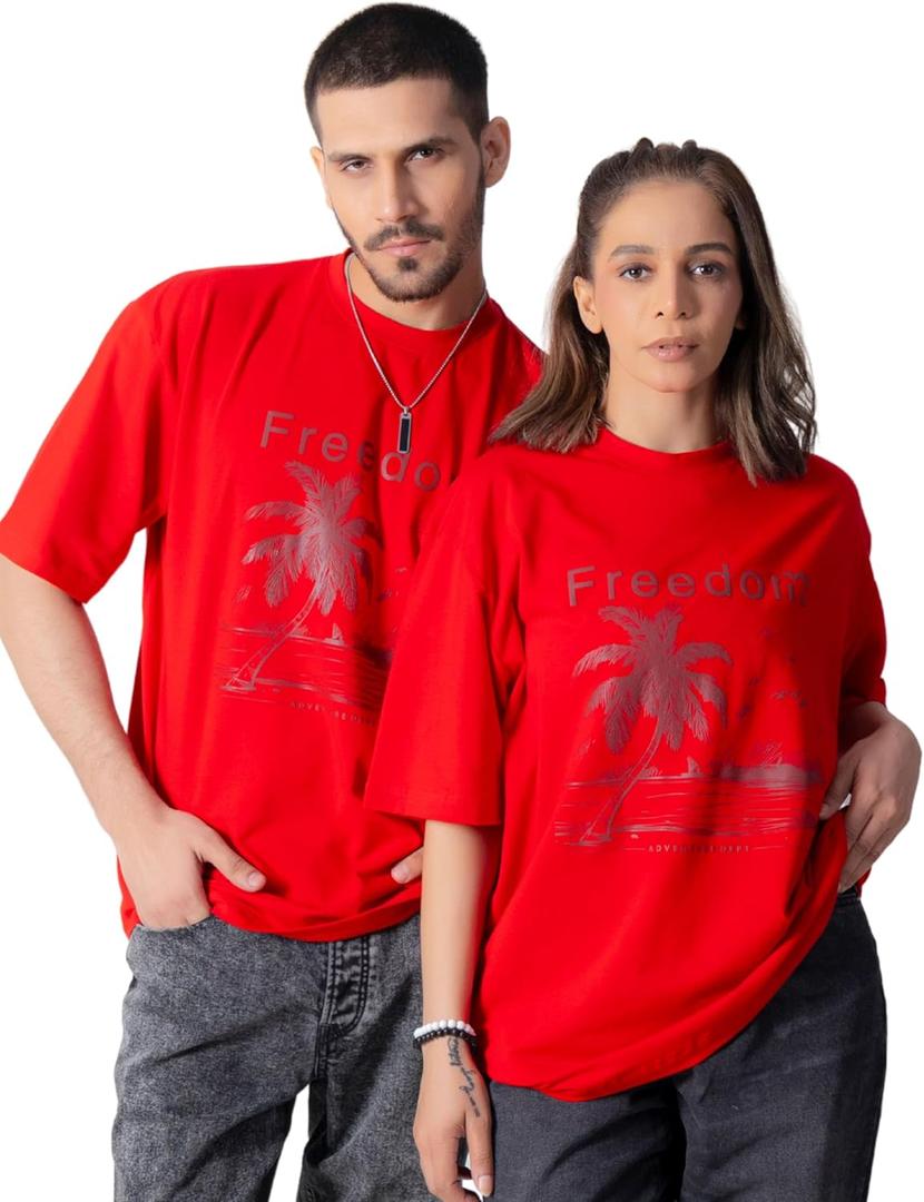 Unisex Oversized T-Shirt Graphic Tees Loose Drop Shoulders Streetwear Casual Baggy T-shirts for Men Women (Large, Red Freedom)