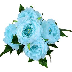 Artificial Peony Silk Flowers Bouquet Home Wedding Decoration, 1 Pack, 5 Heads (Turquoise)