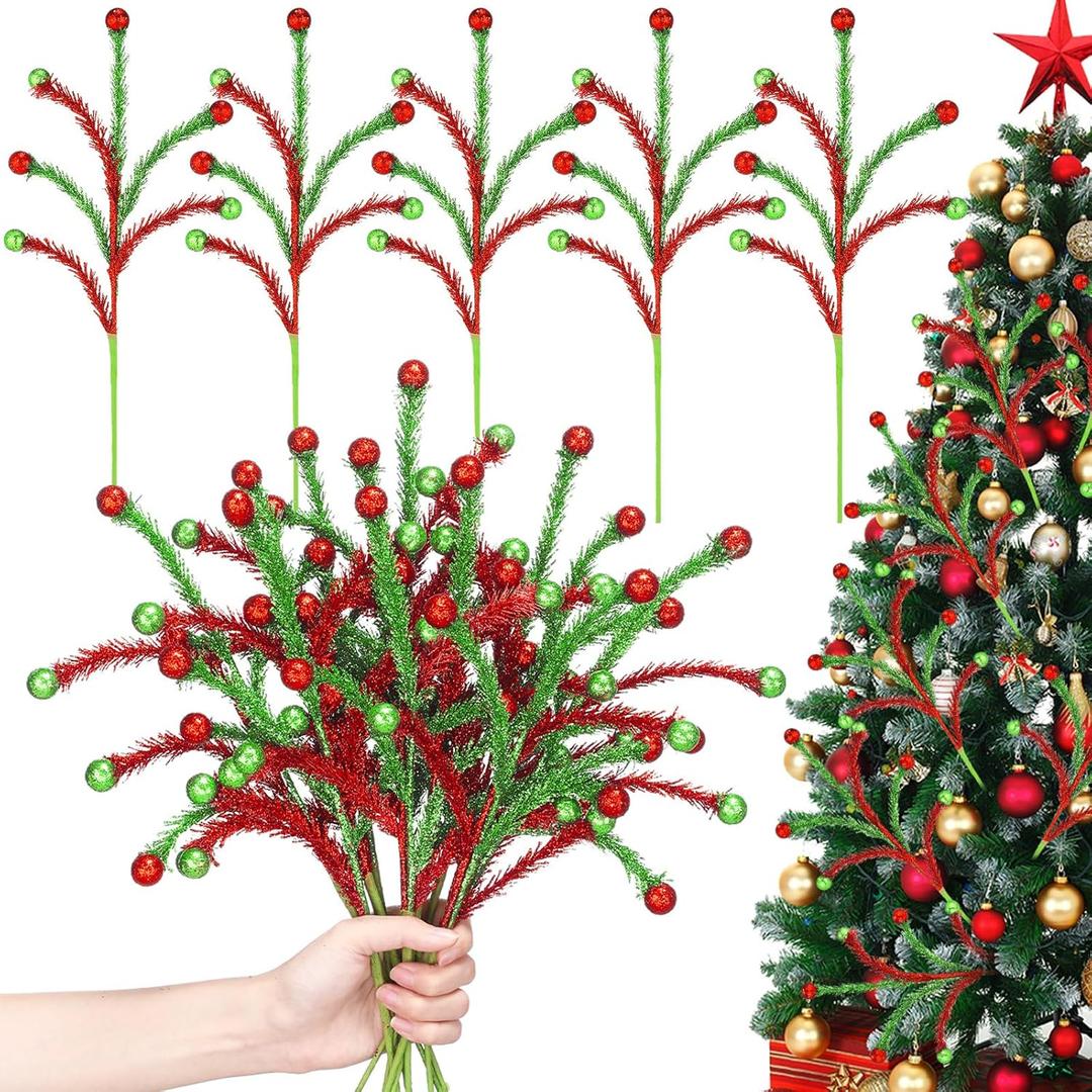 Norme 12 Pcs Red and Green Sparkle Christmas Tree Picks and Spray Christmas Tree Topper Decoration 13.8 Inch Artificial Glitter Curly Pick Stem Branches with Ball for Xmas Vase Filler Wreath Craft