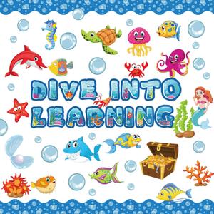 Pajean 83 Pieces Ocean Beach Theme Classroom Bulletin Board Decoration Sets Dive into Learning Sea Animal Jeweled Fish Treasure Box Cutouts for Under The Summer Classroom Wall Decor