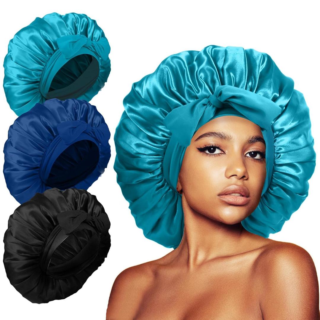 3Pcs Silk Bonnet for Sleeping Women, Satin Hair Bonnets for Curly Hair, Jumbo Bonnet with Tie Band Braids (A14-Black+Cyan Blue+Dark Blue)