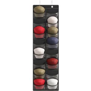 Fixwal Hat Organizer for Baseball Caps, 16 Pocket Over The Door Hat Rack For Storage Closet Wall, Cap Holder Hanger with Large Clear Pockets & 2 Hooks, Hat Storage to Protect and Display, Black