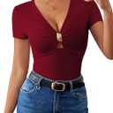 Pink Queen Women Summer Tops Stylish Deep V-Neck Short Sleeve Shirt with Metal Ring Decor (Small, Burgundy)