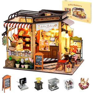 Miniature House Kit Julia Bakery, DIY Dollhouse Kit for Adults with Furniture & LED, Tiny House Kit Wooden Craft Gift for Adults Women Teens