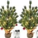 LACHARM 2 Pack 16 Inch Mini Christmas Tree, Tabletop Christmas Tree with Battery Operated Copper Lights and Hanging Ornaments, Small Xmas Tree for Home, Office, Kitchen Table Christmas Decoration