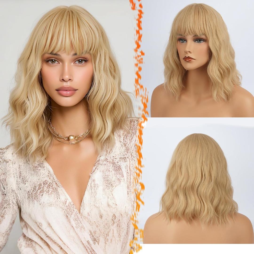 BARSDAR Short Wavy Blonde Wig With Bangs - 14 Inch Short Wavy Bob Bangs Wigs for Women - Soft Wave Synthetic Shoulder Length Tay lor Wigs Daily Halloween - Blonde Mixed