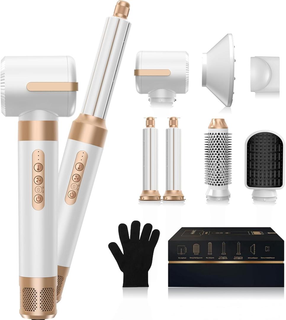 Hair Dryer Brush 7 in 1110000 RPM Hot Air Brush Hair Styler for Curly Straight & Twisted Hair Professional Ionic Brush Blow Dryer for Salon-Quality Styling, White Gold
