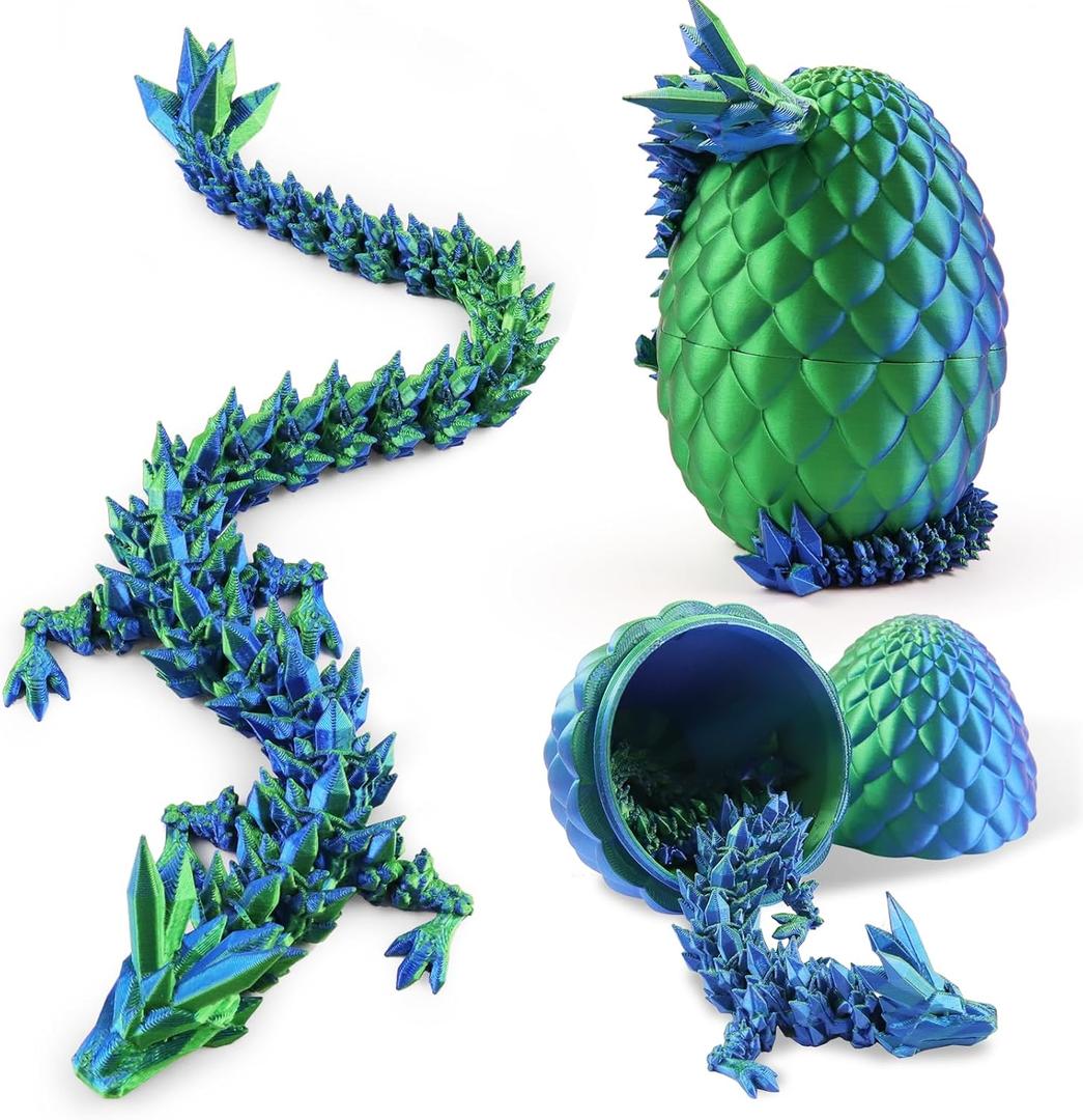 2 x 3D Printed Dragon Egg,12Crystal Dragon Inside, 3D Printed Gift, Executive Desk Toy, Figure Decor, Easter Basket Essentials (Blue-Green)