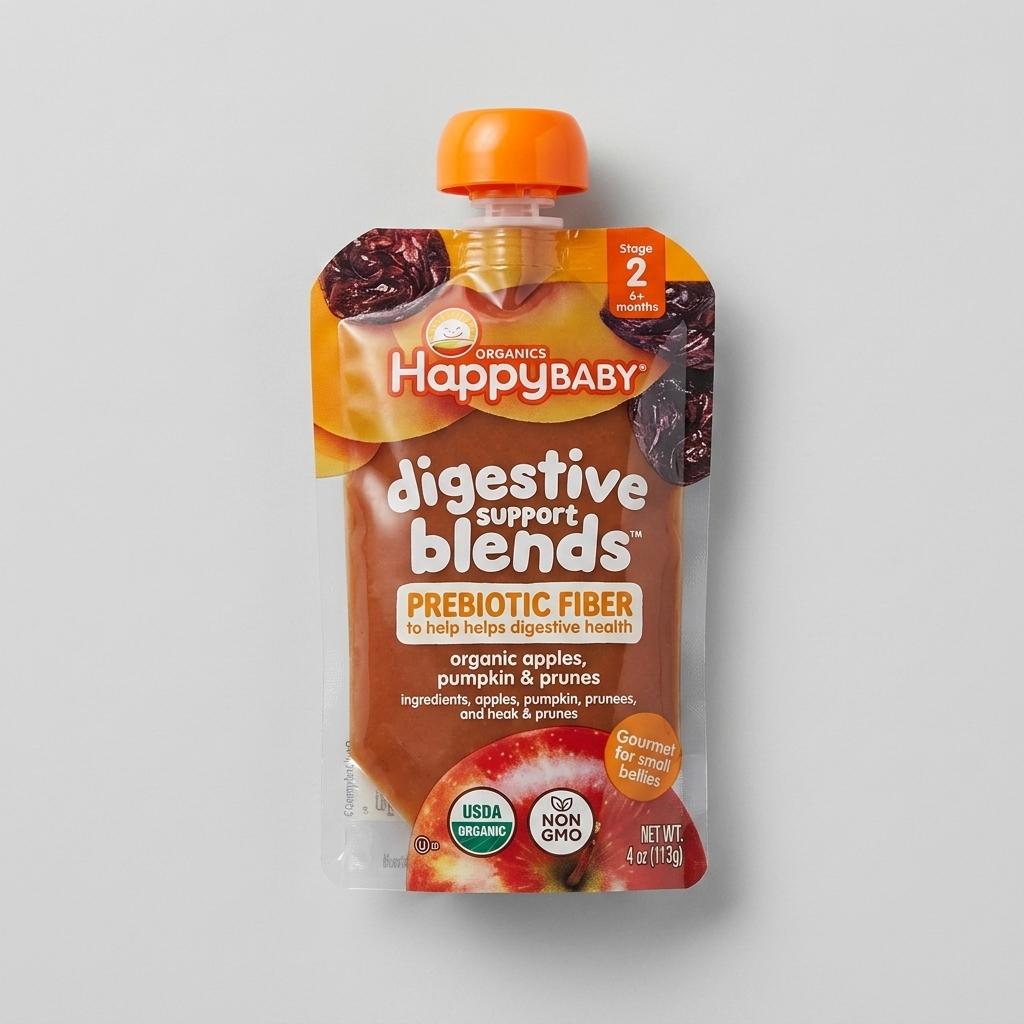 2 x Happy Baby Digestive Support Blends, Organic Stage 2 Baby Food with Prebiotic Fiber, Apple, Pumpkin & Prune, 4 Ounce Pouch, Best By July 2027
