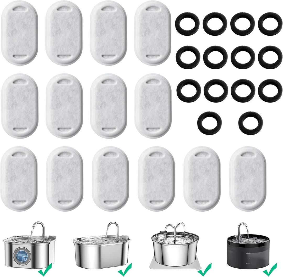 Cat Water Fountain Replacement Filters - 28 Pack Triple Action With Carbon Filter and Pre-Filter Sponges (14 Filters & 14 Sponges) for Pet Water Fountains