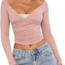 Women Off Shoulder Wrap Tops Long Sleeve Solid Color Slim Fitted T-Shirt Ruched Crop Tops (Pink, S)