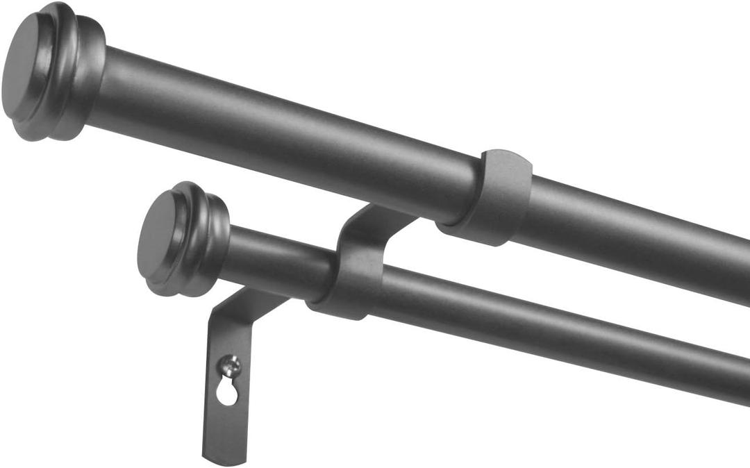EXCLUSIVE HOME Topper Double Curtain Rod and Finial Set, Gunmetal, 36"-72"