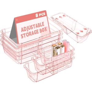 8 Pcs Mixed Extendable Clear Drawer Organizer, All Adjustable Vanity Storage Box, 2-Size Desk Drawer Organizer, Acrylic Storage Bins for Makeup, Bedroom Dressers Tool Organizer for Gadgets, Pink (4 Large + 4 Medium - Pink)