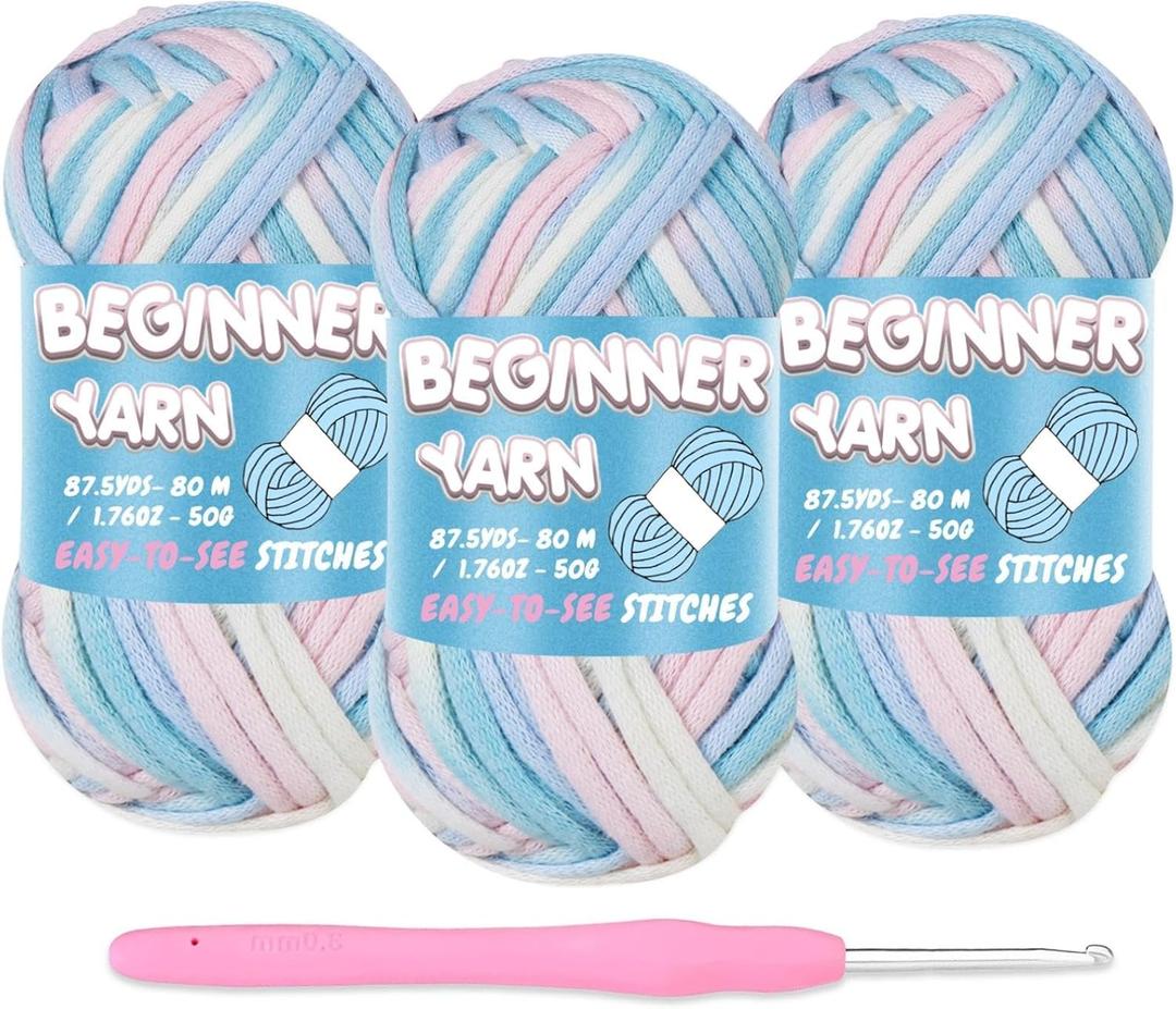 3 Pack Beginners Crochet Yarn, Yarn for Crocheting Knitting Beginners, Easy-to-See Stitches, Chunky Thick Bulky Cotton Soft Yarn for Crocheting (3x50g) (Gradient Blue)