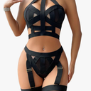 Lilosy Sexy Chocker Halter Cutout Strappy Rave Outfits Push Up Garter Belt Women Mesh Sheer Lingerie Set Harness Bra Panty M