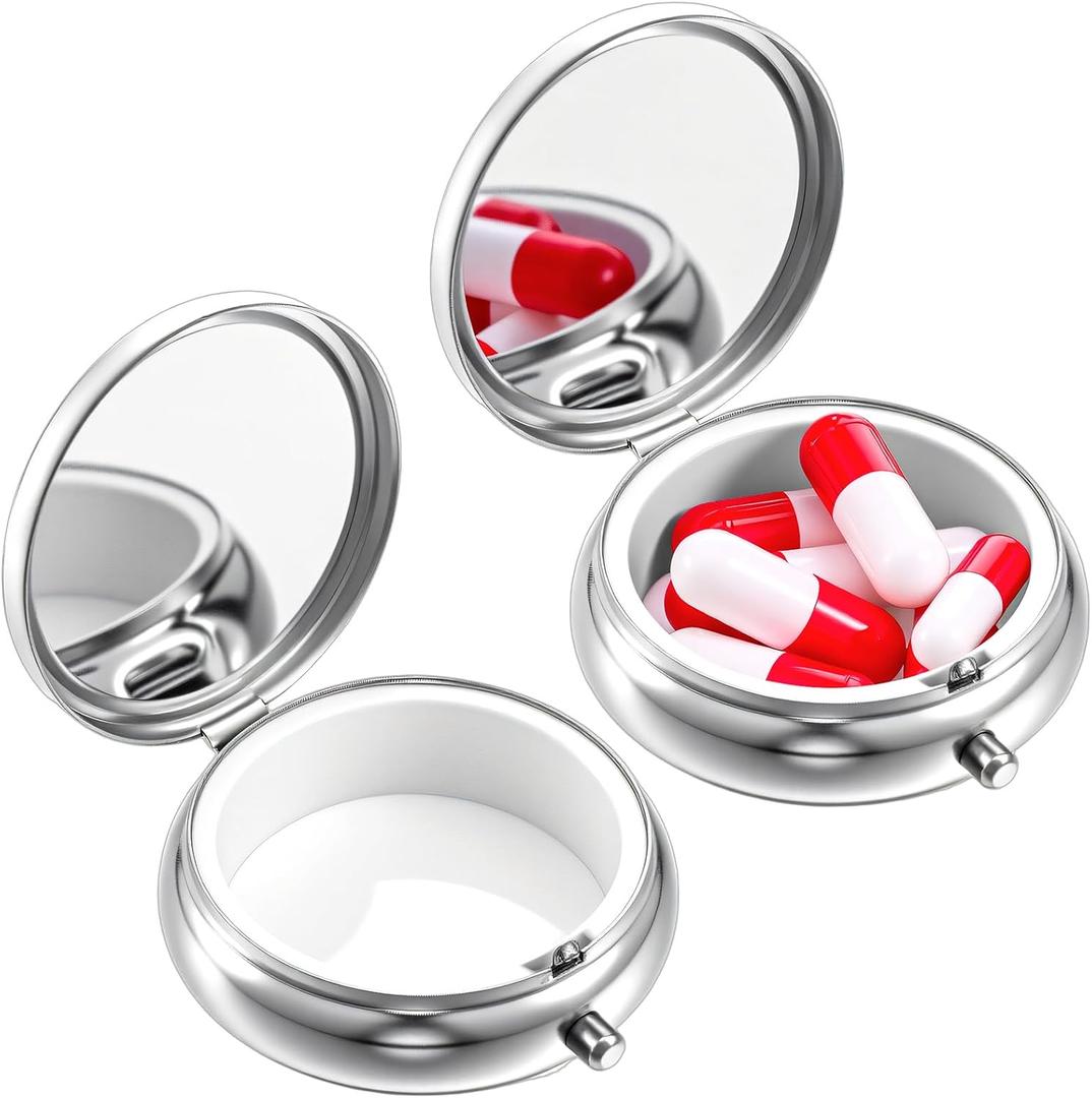 Pill Case, 2Pcs Cute Small Pill Box Portable Travel Medicine Organizer for Purse & Pocket, Waterproof Pills Container Holder for Vitamins, Medication, Fish Oil, Supplements (Silver)
