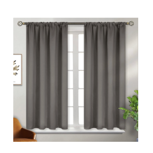 Short Blackout Curtains 45 Inches Length for Bedroom - Rod Pocket Thermal Insulated Room Darkening Window Curtain for Kitchen Cafe, 42 x 45 Inch, 2 Panels, Grey