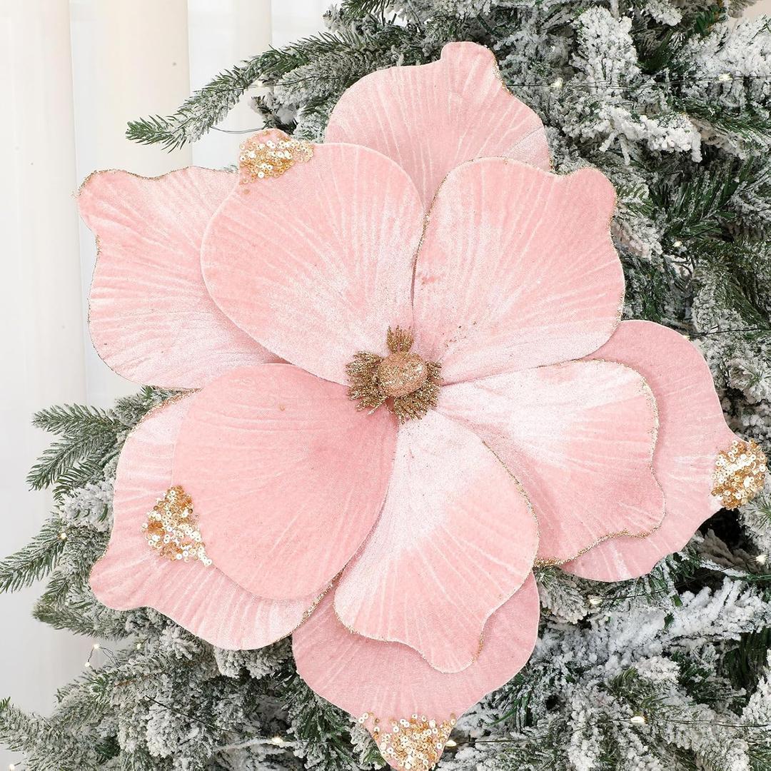 Norme 6 Pcs Large 16'' Christmas Flower Magnolia Flowers Christmas Tree Decoration Velvet Magnolia Artificial Xmas Ornaments for Xmas Tree Table Decor Wedding Centerpiece (Pink)