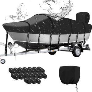 Bass Boat Cover 16-18.5ft, 1400D Trailerable Boat Covers with Straps, Solution-Dyed Waterproof Boat Cover Marine Grade Polyester Canvas Fits V-Hull, Tri-Hull, Ski, Fishing, Runabout 16' 17' 18.5' Foot