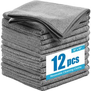 Microfiber Cleaning Cloth 12 Pack - 12x12 Inch Grey Microfiber Towels for Cars - Super Absorbent Lint Free Streak Free Car Rags for Washing Polishing, Buffing and Drying