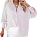 Women's Smocked Cuffed Striped Boyfriend Shirts Button Down Casual Collar Long Sleeve Blouse Shirt Tops (L)
