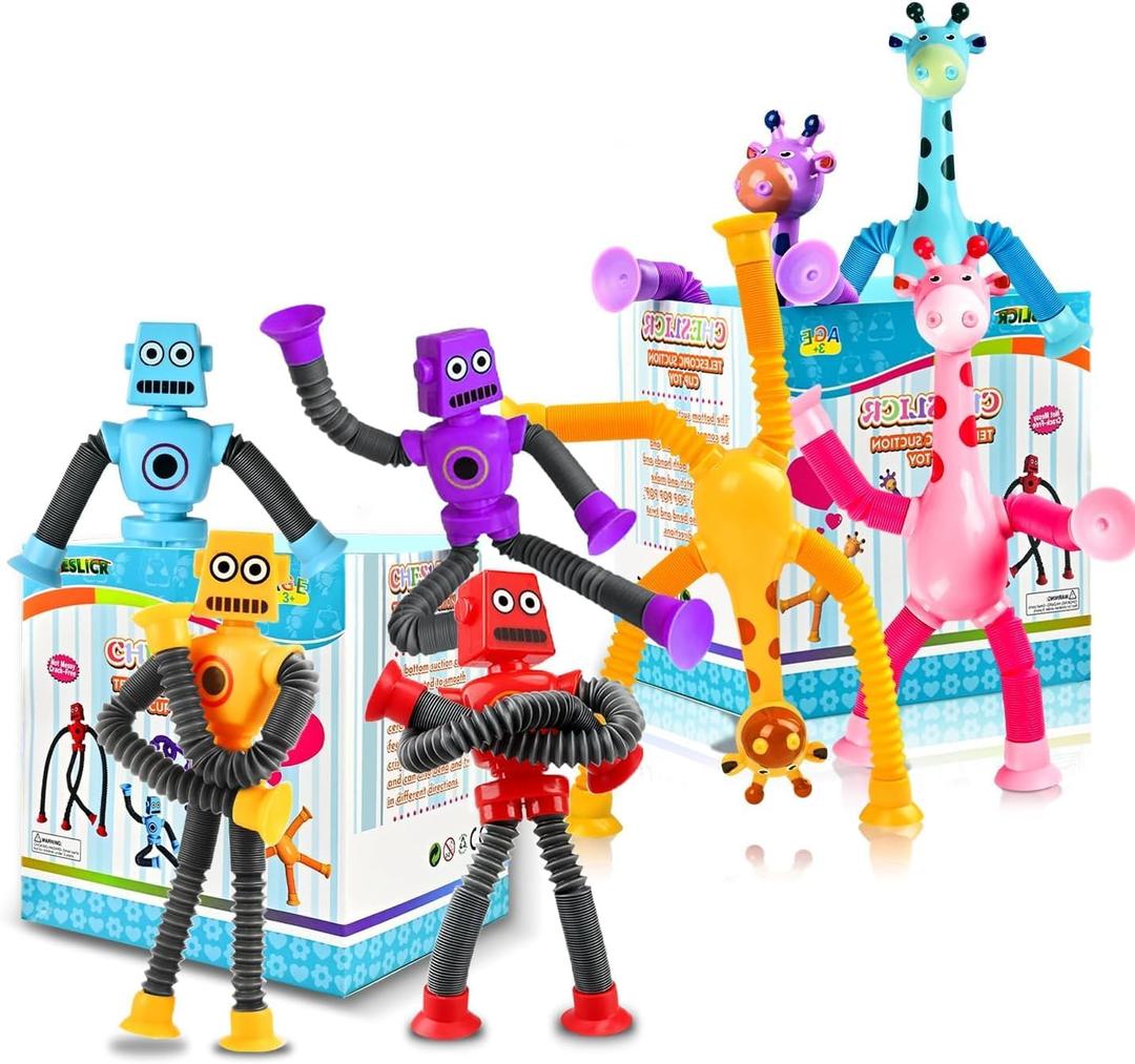 8pc Robot Giraffe Sensory Travel Toys for Toddlers Boy Ages 3 4 5 6 7 8, Airplane Activities Suction Autism Pop Tube Fidget Autistic Stocking Easter Basket Stuffer Valentine Gift for Kids